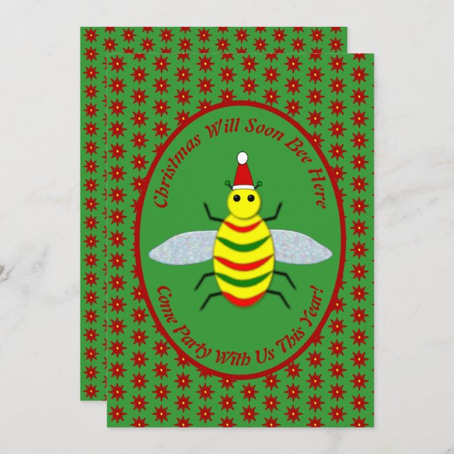Cute Christmas Bee and Poinsettia Flowers Party Invitation (Front/Back)