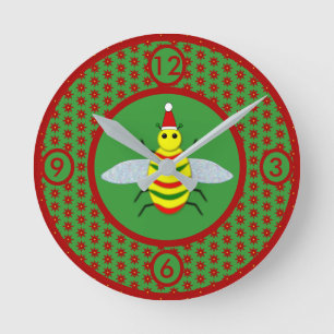 Cute Christmas Bee and Poinsettia Flowers Round Clock