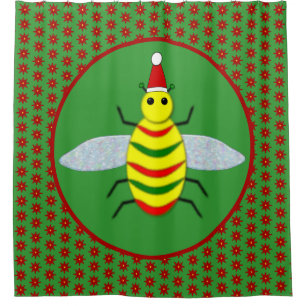 Cute Christmas Bee and Poinsettia Flowers Shower Curtain