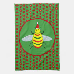 Cute Christmas Bee and Poinsettia Flowers Tea Towel