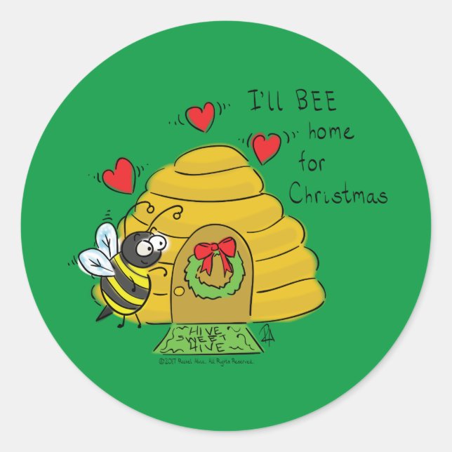 Cute Christmas Bee Funny Holiday Cartoon Classic Round Sticker (Front)