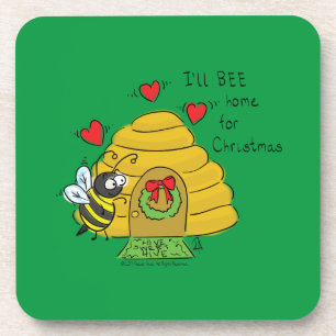 Cute Christmas Bee Funny Holiday Cartoon Coaster