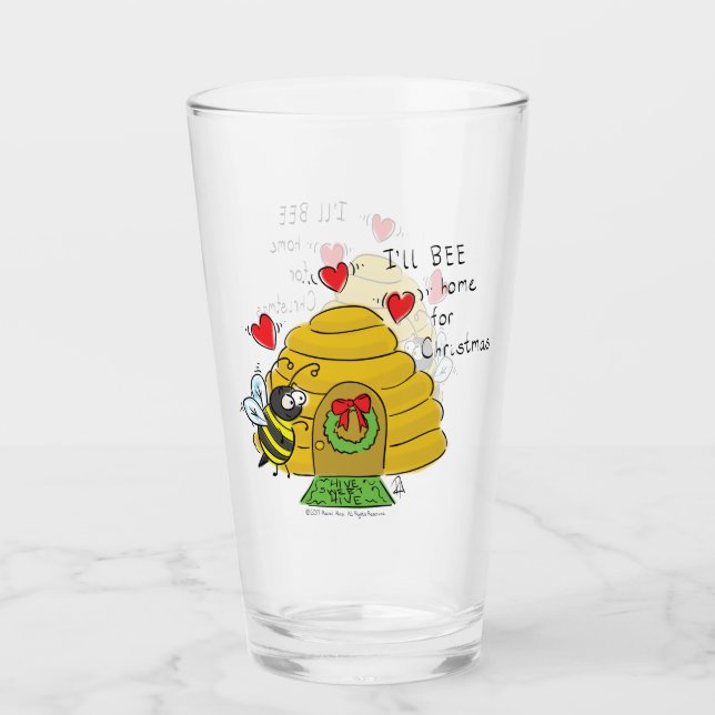 Cute Christmas Bee Funny Holiday Cartoon Glass (Front)