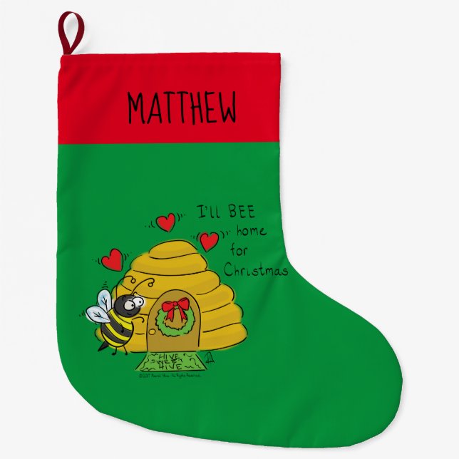 Cute Christmas Bee Funny Holiday Cartoon Large Christmas Stocking (Front)