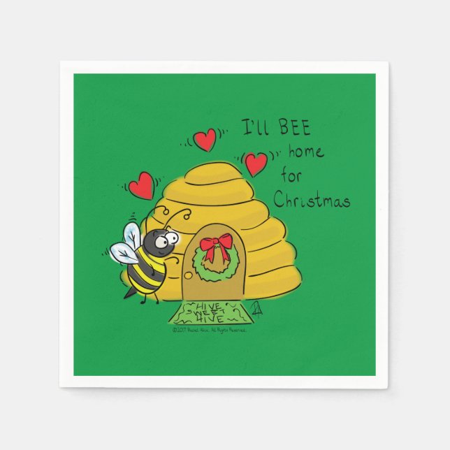 Cute Christmas Bee Funny Holiday Cartoon Napkin (Front)