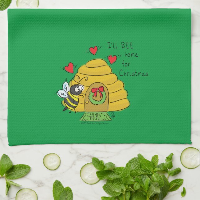 Cute Christmas Bee Funny Holiday Cartoon Tea Towel (Folded)