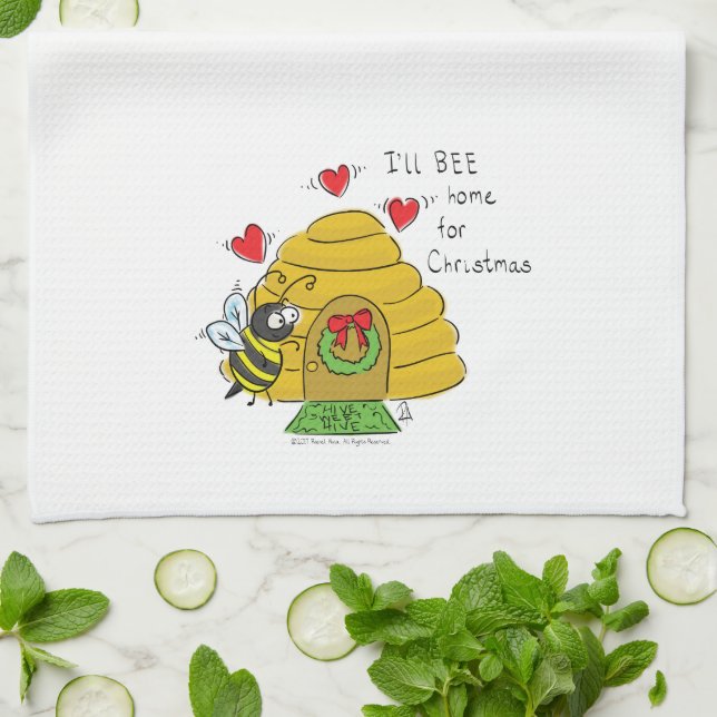 Cute Christmas Bee Funny Holiday Cartoon Tea Towel (Folded)