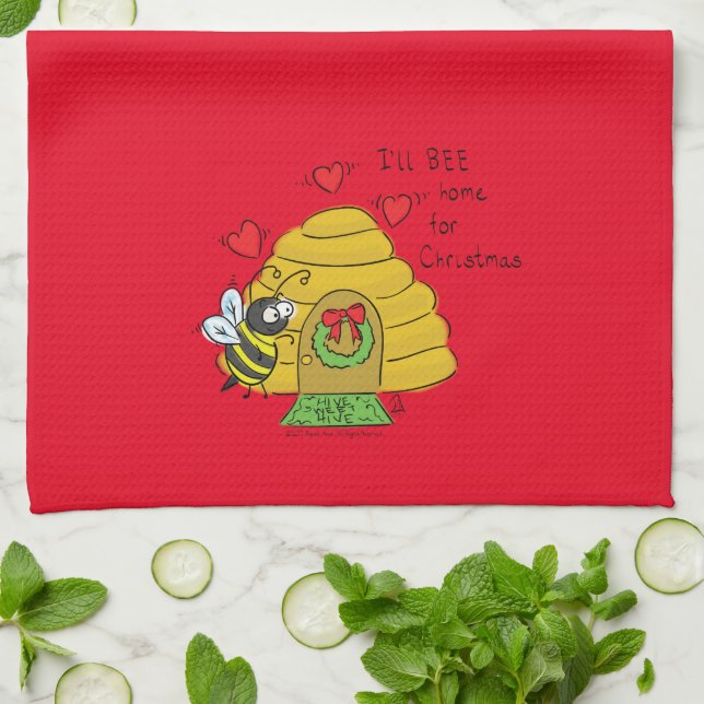 Cute Christmas Bee Funny Holiday Cartoon Tea Towel (Folded)