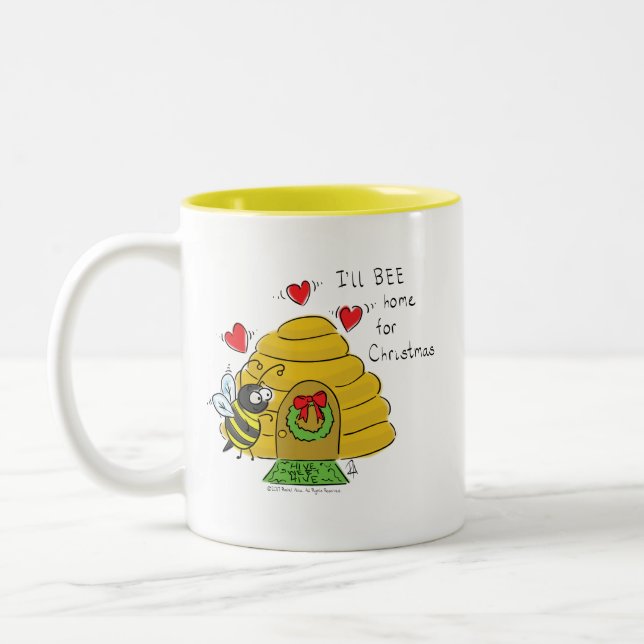 Cute Christmas Bee Funny Holiday Cartoon Two-Tone Coffee Mug (Left)