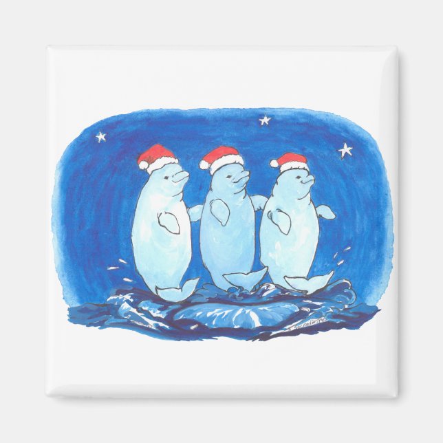 Cute Christmas Beluga Whales Dancing on Waves Magnet (Front)