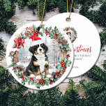 Cute Christmas Bernese mountain do puppy Santa hat Ceramic Tree Decoration<br><div class="desc">Cute Christmas ornament with a sweet bernese mountain dog puppy in a Santa hat in Christmas holly and berry wreath. Personalised dog,  puppy,  cute animal Christmas ornament (text on the back).</div>