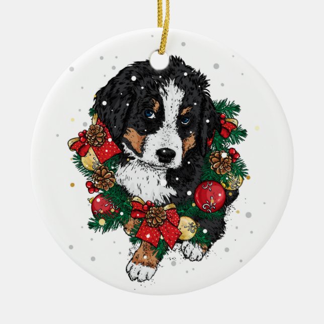 Cute Christmas Bernese Mountain Dog Puppy Ceramic Tree Decoration (Front)