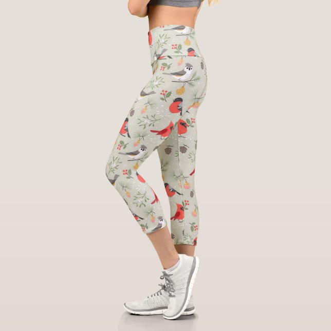 Cute Christmas Bird Pattern Holiday Design Capri Leggings (Left)
