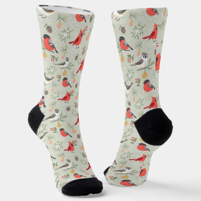 Cute Christmas Bird Pattern Holiday Design Socks (Angled)