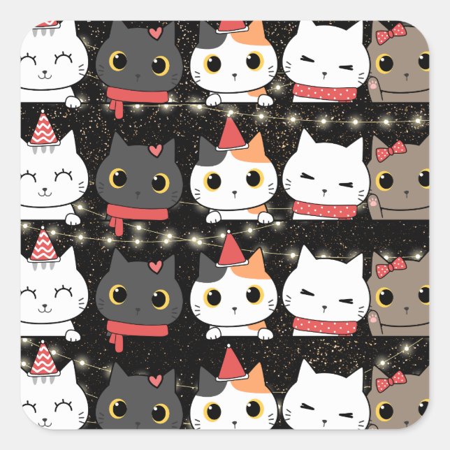 Cute Christmas Birthday Cat Faces Seamless Pattern Square Sticker (Front)