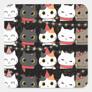 Cute Christmas Birthday Cat Faces Seamless Pattern Square Sticker