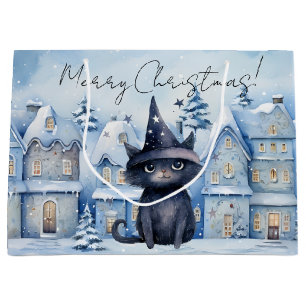 Cute Christmas Black Cat Festive Holiday Large Gift Bag