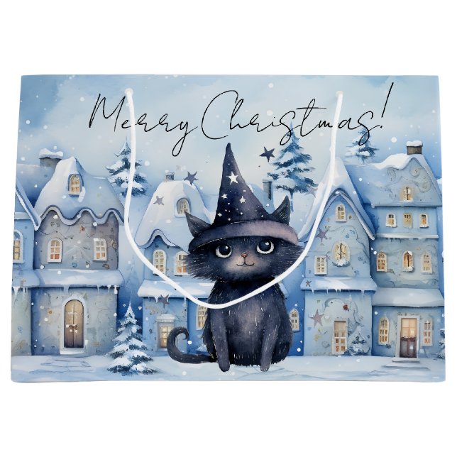 Cute Christmas Black Cat Festive Holiday Large Gift Bag (Front)