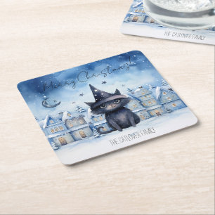 Cute Christmas Black Cat Festive Holiday Square Paper Coaster