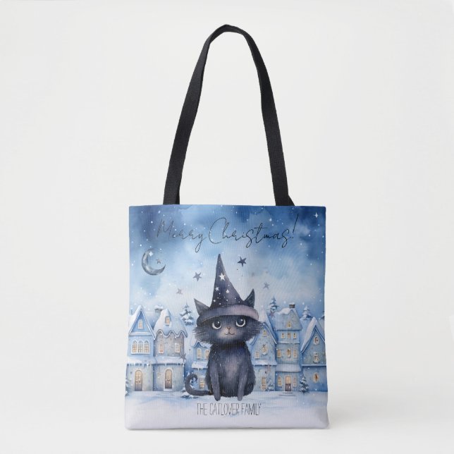 Cute Christmas Black Cat Festive Holiday Tote Bag (Front)