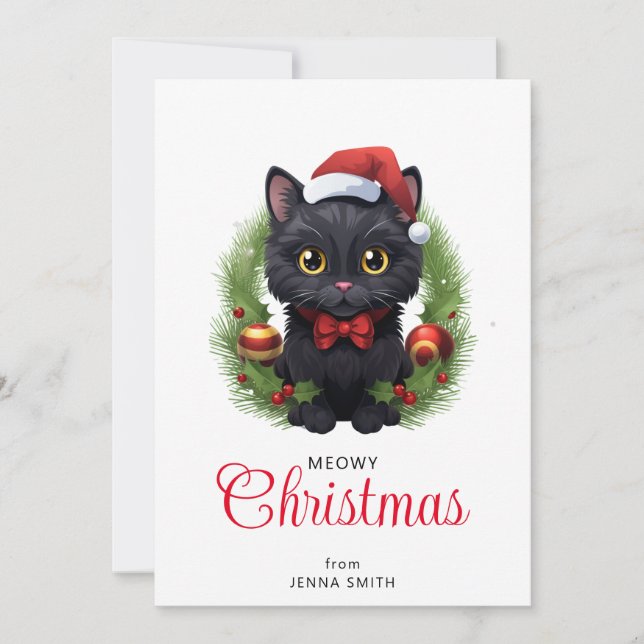 Cute Christmas Black Cat Holiday Card (Front)