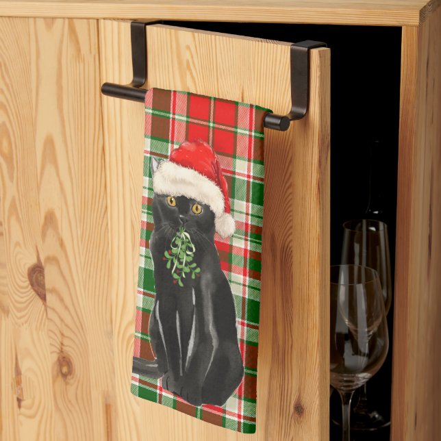 Cute Christmas Black Cat Holiday Plaid Tea Towel (Thirds Fold)