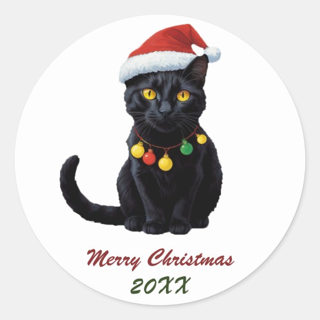 Cute Christmas Black Cat in Santa Hat Custom  Classic Round Sticker (Front)