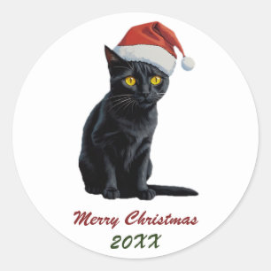 Cute Christmas Black Cat in Santa Hat Custom Classic Round Sticker