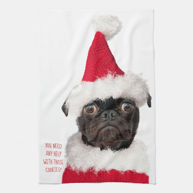 Cute Christmas Black Pug Puppy Santa Helper Tea Towel (Vertical)