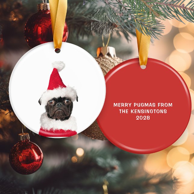 Cute Christmas Black Pug Santa Hat Ceramic Tree Decoration (Cute Christmas Black Pug Santa Hat Ceramic Ornament)