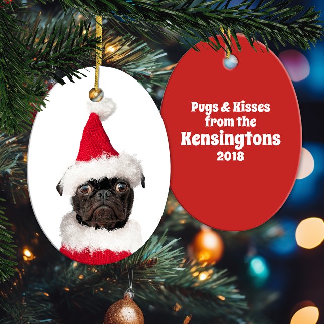 Cute Christmas Black Pug Santa Hat Ceramic Tree Decoration (Cute Christmas Black Pug Santa Hat Ceramic Ornament)