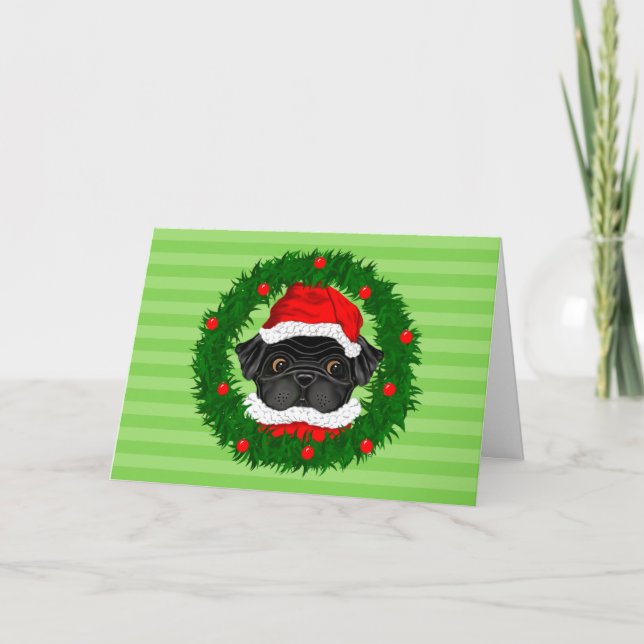 Cute Christmas Black Pug Santa in Wreath Green Holiday Card (Front)