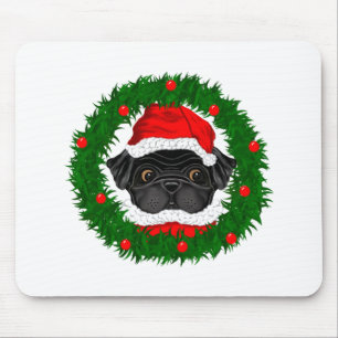 Cute Christmas Black Pug Santa in Wreath Mouse Mat