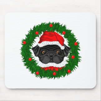 Cute Christmas Black Pug Santa in Wreath Mouse Mat