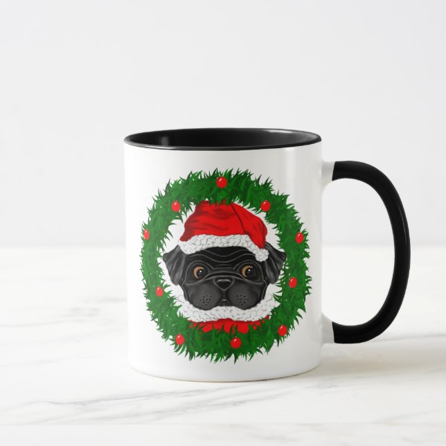 Cute Christmas Black Pug Santa in Wreath Mug (Right)