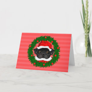 Cute Christmas Black Pug Santa in Wreath  Red Holiday Card