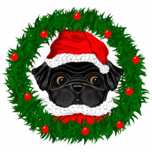 Cute Christmas Black Pug Santa in Wreath Standing Photo Sculpture