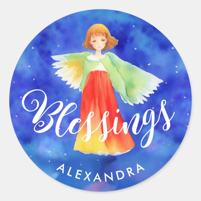 Cute Christmas Blessings Colourful Angel Script Classic Round Sticker (Front)