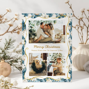 Cute Christmas Blue and Gold Pattern 3 Photo Holiday Card