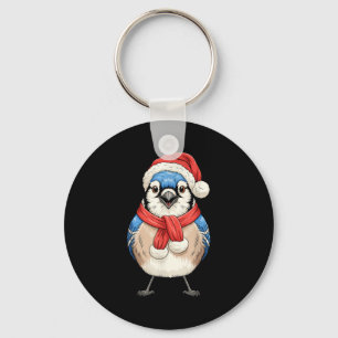 Cute Christmas Blue Jay Santa Bird Watching  Key Ring