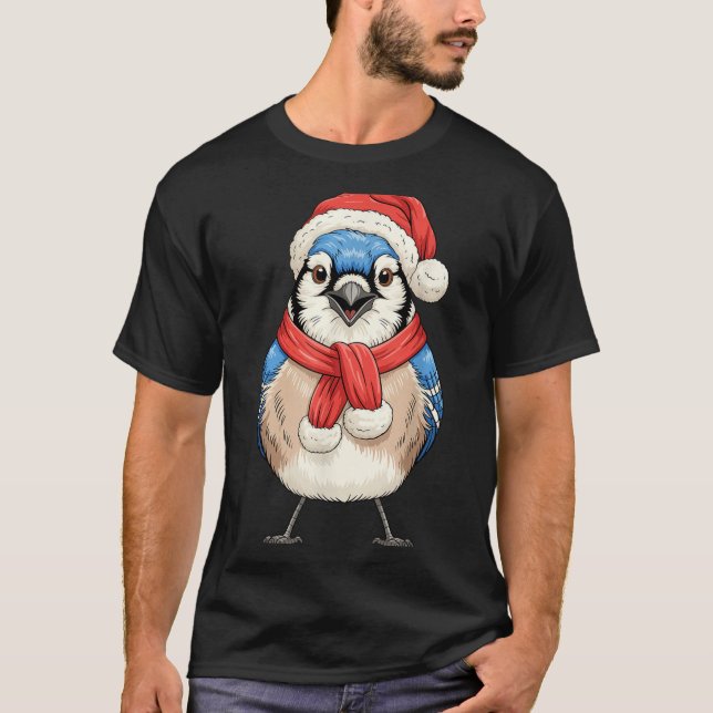 Cute Christmas Blue Jay Santa Bird Watching  T-Shirt (Front)