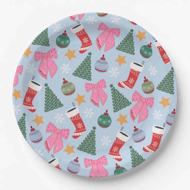 Cute Christmas Blue Paper Plate (Front)