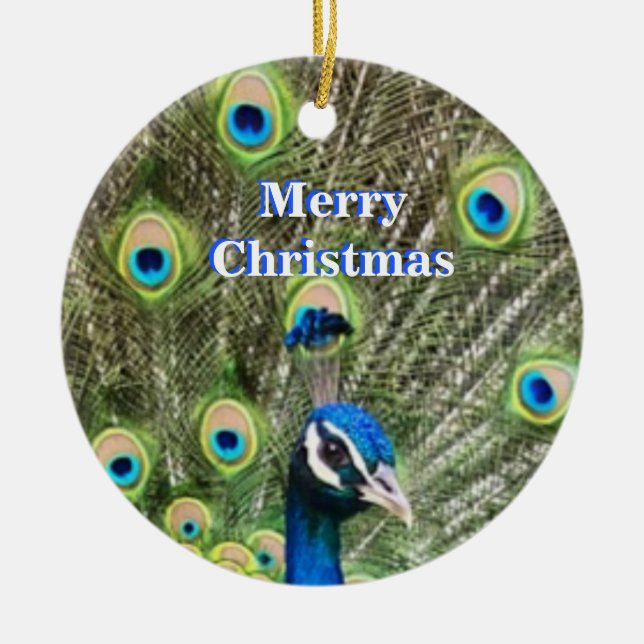 Cute Christmas blue peacock bird & calligraphy Ceramic Tree Decoration (Front)