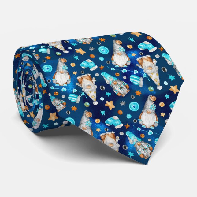 Cute Christmas Blue Scandinavian Gnomes     Tie (Rolled)