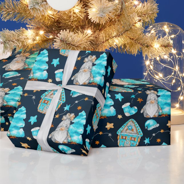 Cute Christmas Blue Scandinavian Gnomes   Wrapping Paper (Holidays)