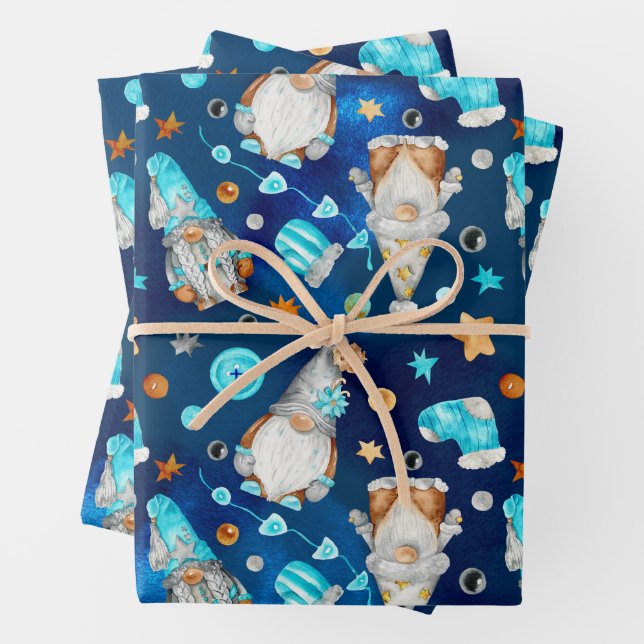 Cute Christmas Blue Scandinavian Gnomes   Wrapping Paper Sheet (In situ)