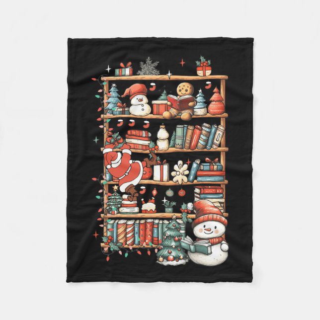 Cute Christmas Bookshelf Santa Reading Books Ginge Fleece Blanket (Front)