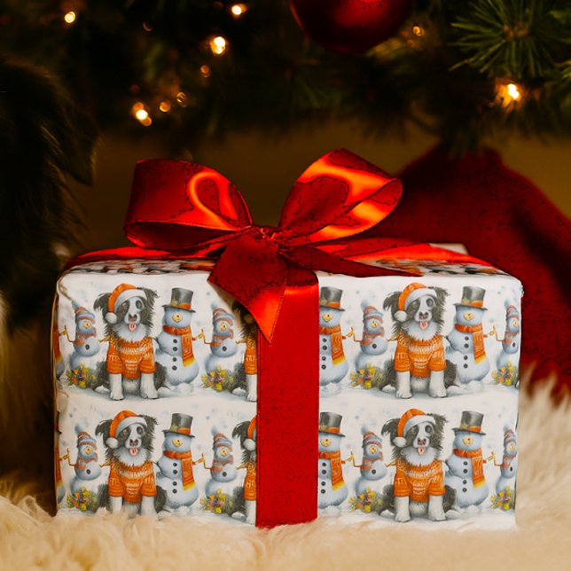 Cute Christmas Border Collie Dog and Snowman  Wrapping Paper (Creator Uploaded)