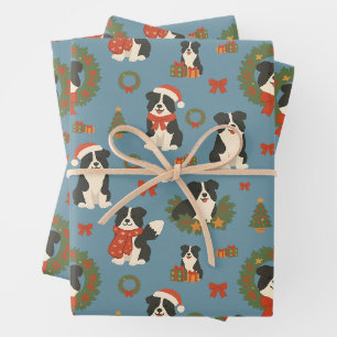 Cute Christmas Border Collie Dogs Holiday Wrapping Paper Sheet