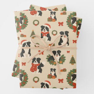 Cute Christmas Border Collie Dogs Holiday Wrapping Paper Sheet